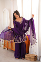 Purple Embroidery Tassel Work Sharara Suit Set