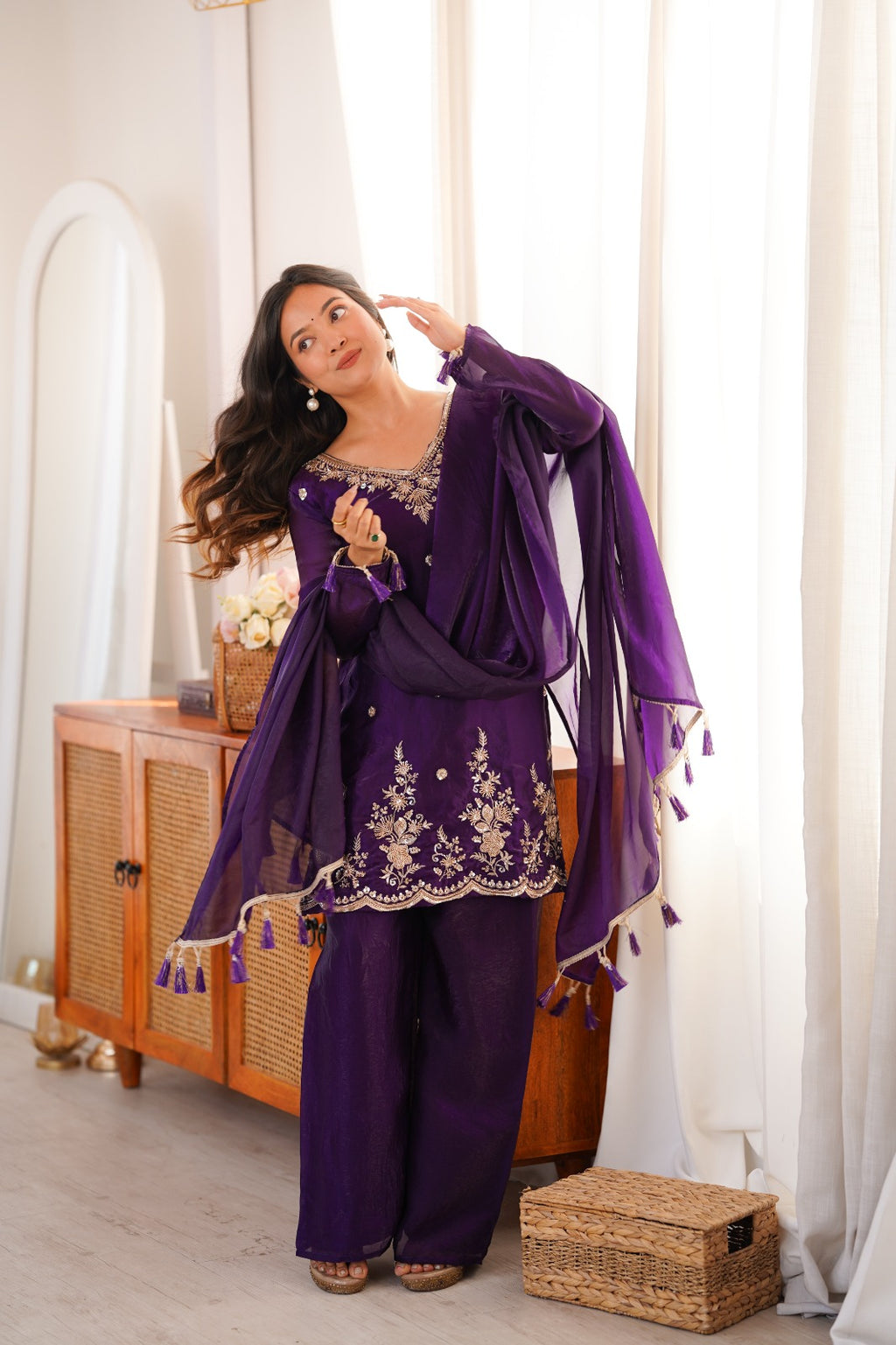 Purple Embroidery Tassel Work Sharara Suit Set