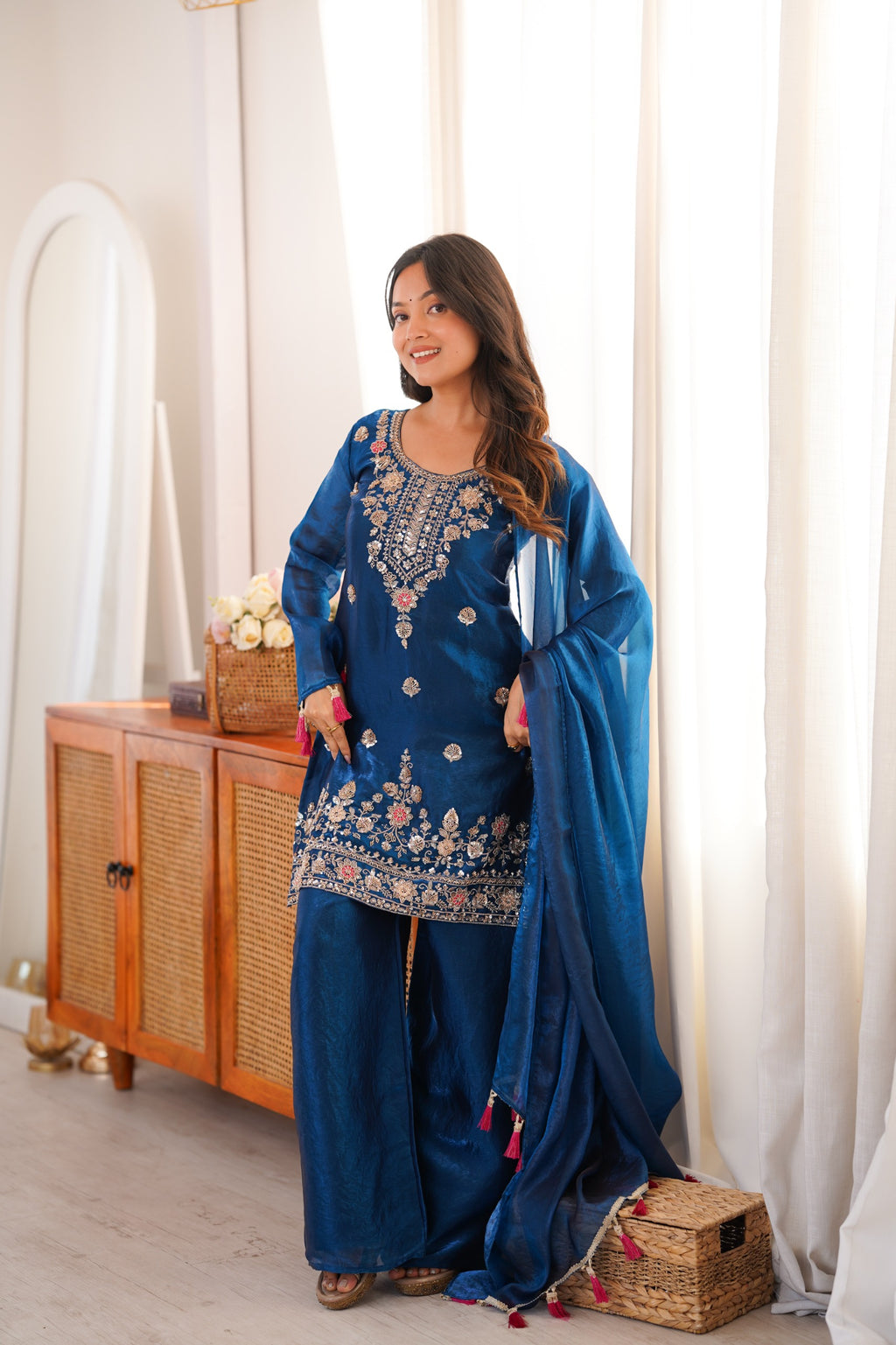 Tea Blue Embroidery Tassel Work Sharara Suit Set