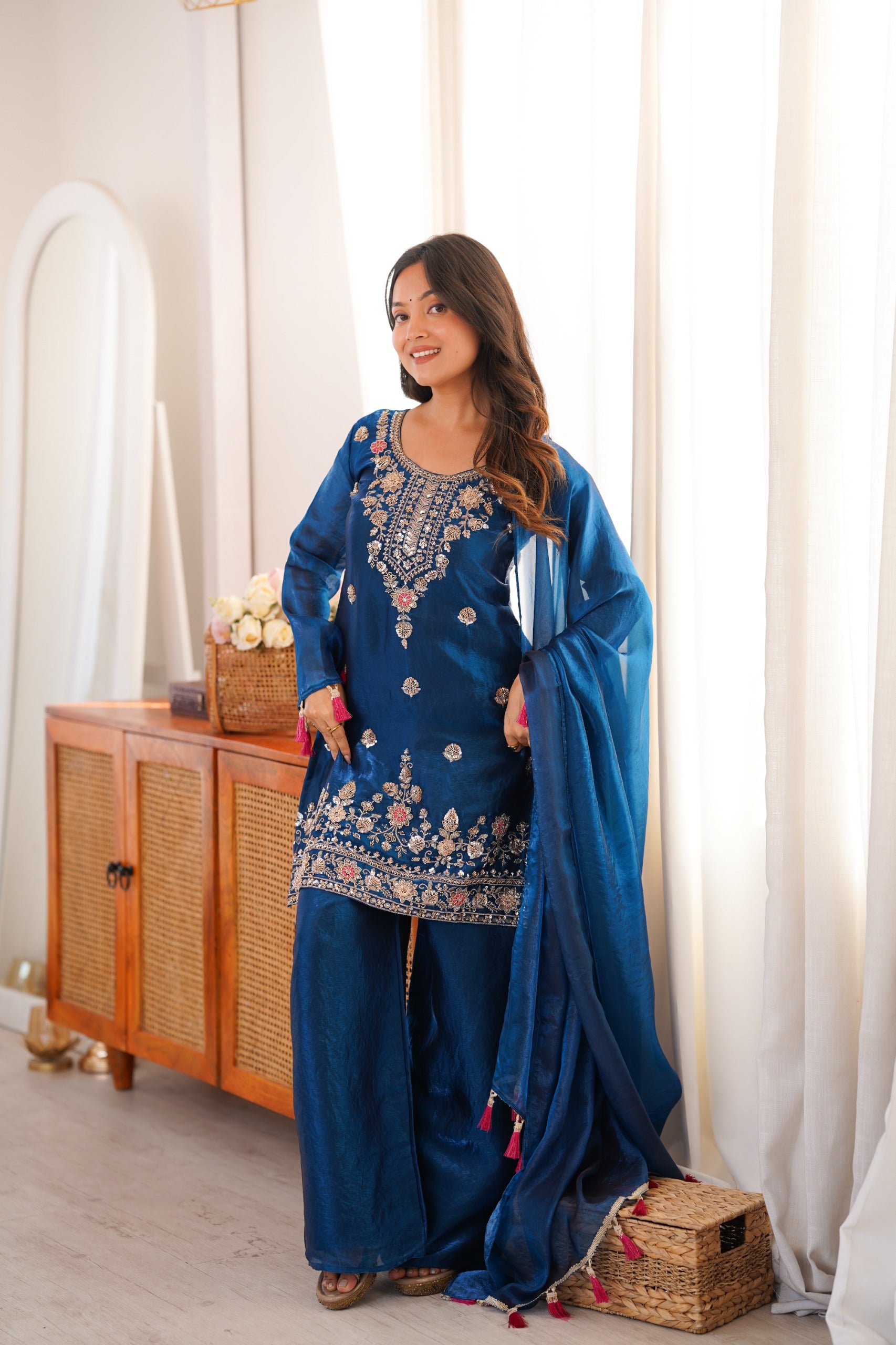 Tea Blue Embroidery Tassel Work Sharara Suit Set