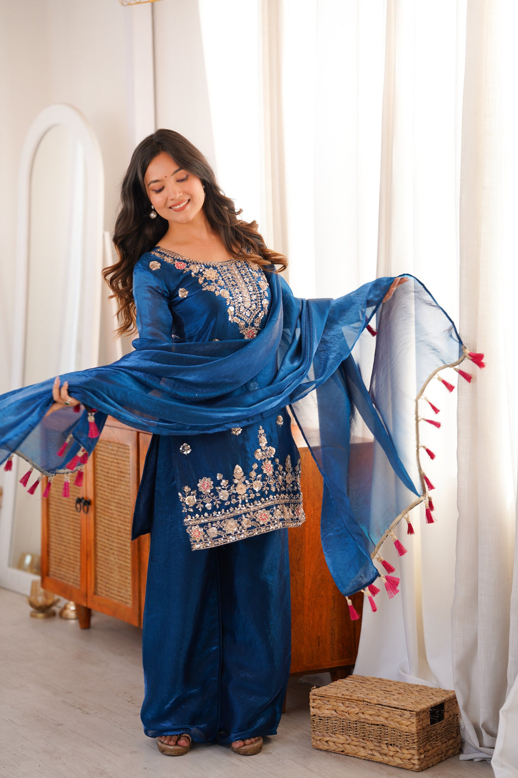 Tea Blue Embroidery Tassel Work Sharara Suit Set