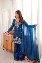 Tea Blue Embroidery Tassel Work Sharara Suit Set