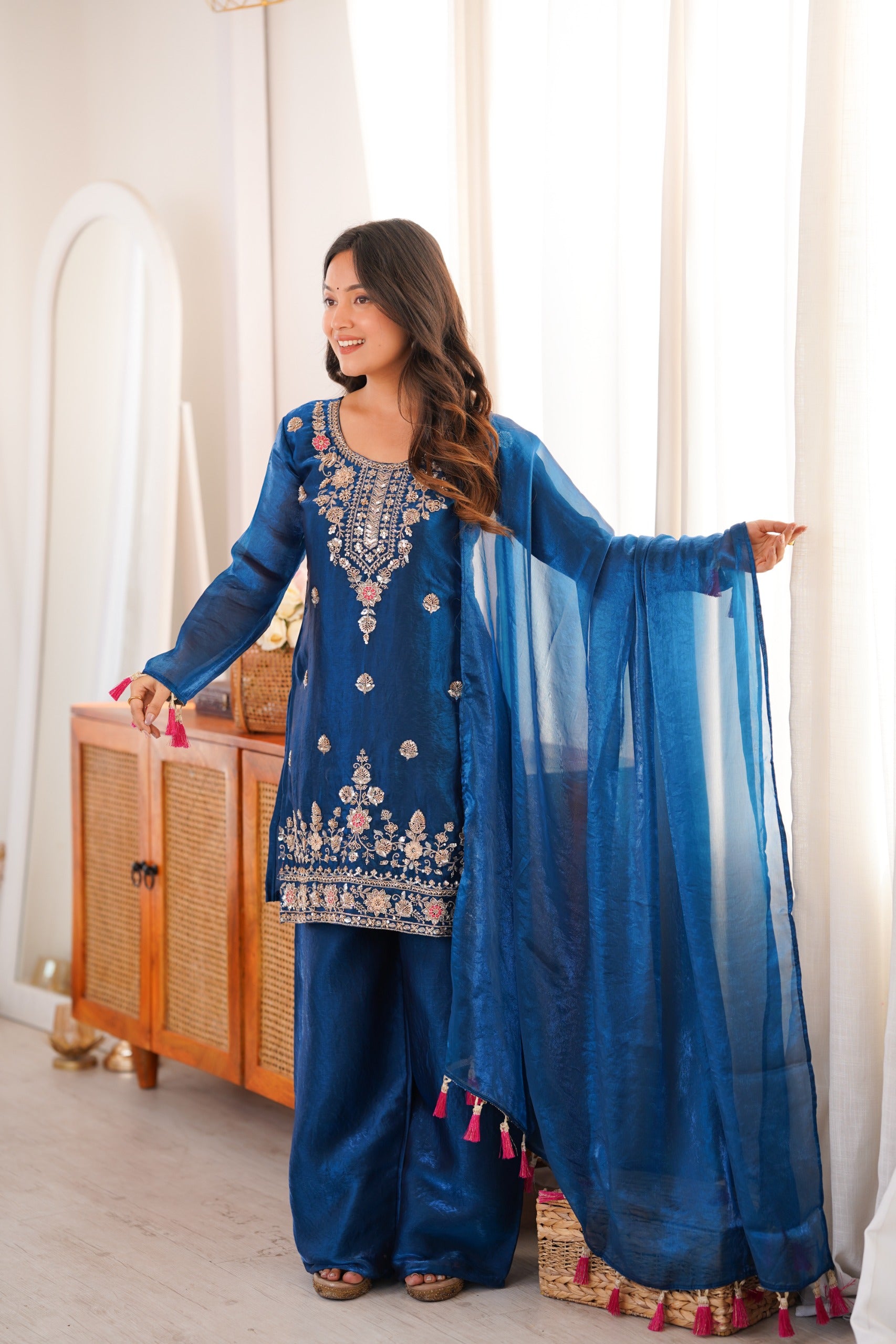 Tea Blue Embroidery Tassel Work Sharara Suit Set