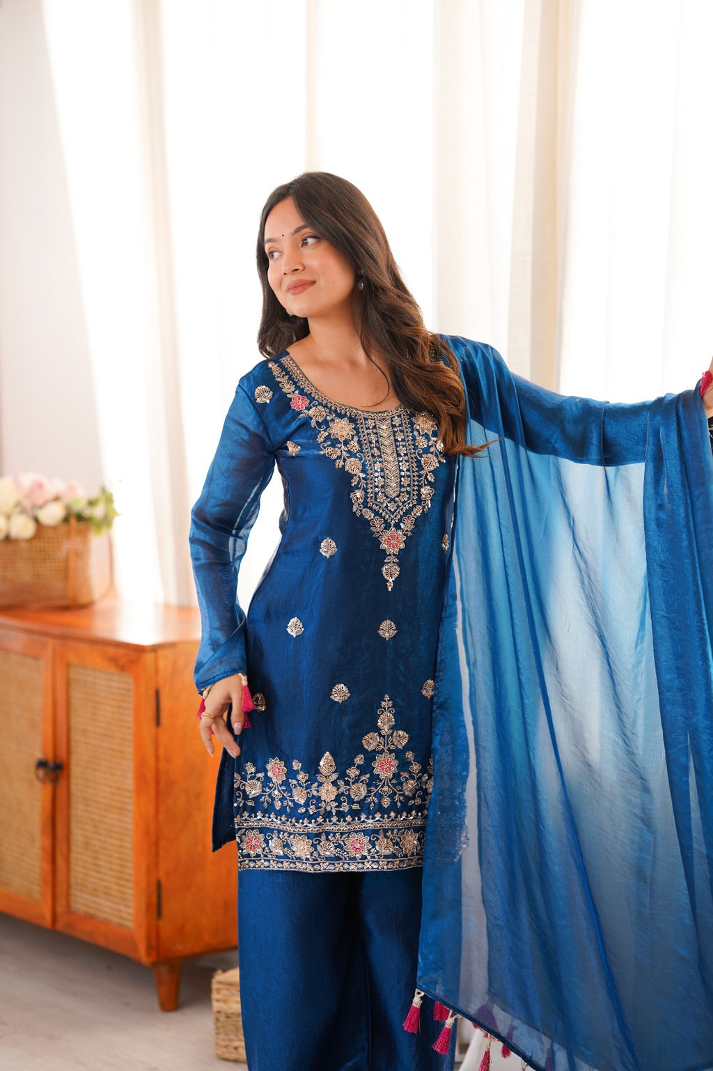Tea Blue Embroidery Tassel Work Sharara Suit Set