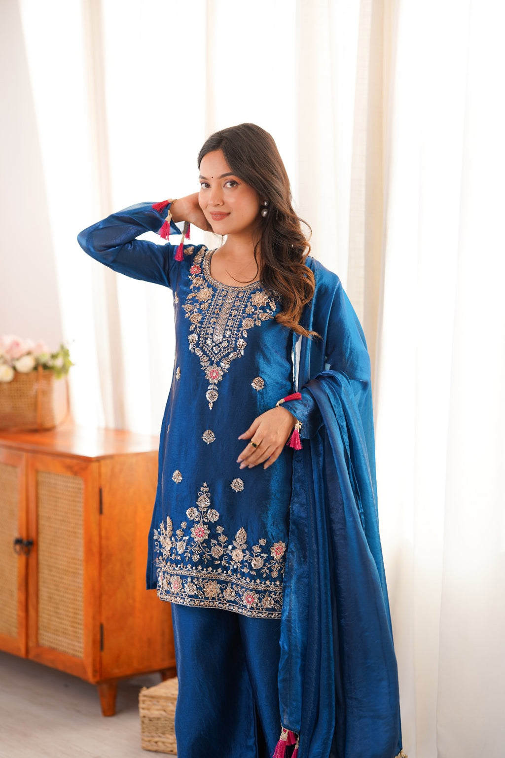 Tea Blue Embroidery Tassel Work Sharara Suit Set