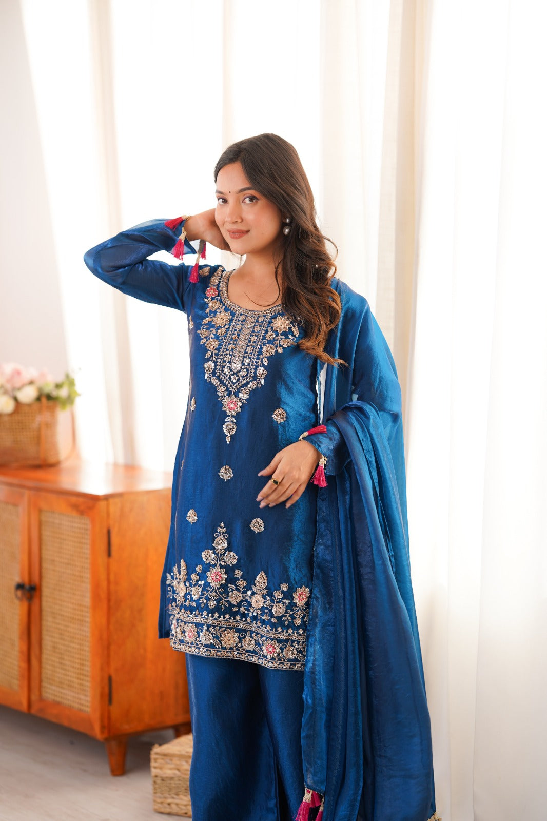 Tea Blue Embroidery Tassel Work Sharara Suit Set