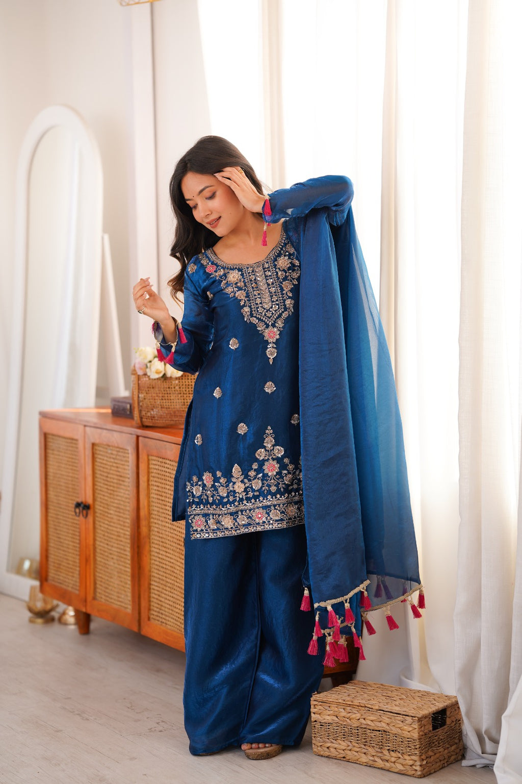 Tea Blue Embroidery Tassel Work Sharara Suit Set