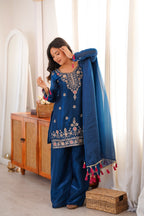 Tea Blue Embroidery Tassel Work Sharara Suit Set