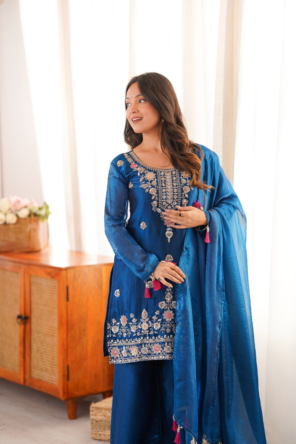 Tea Blue Embroidery Tassel Work Sharara Suit Set