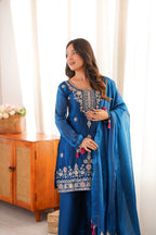 Tea Blue Embroidery Tassel Work Sharara Suit Set