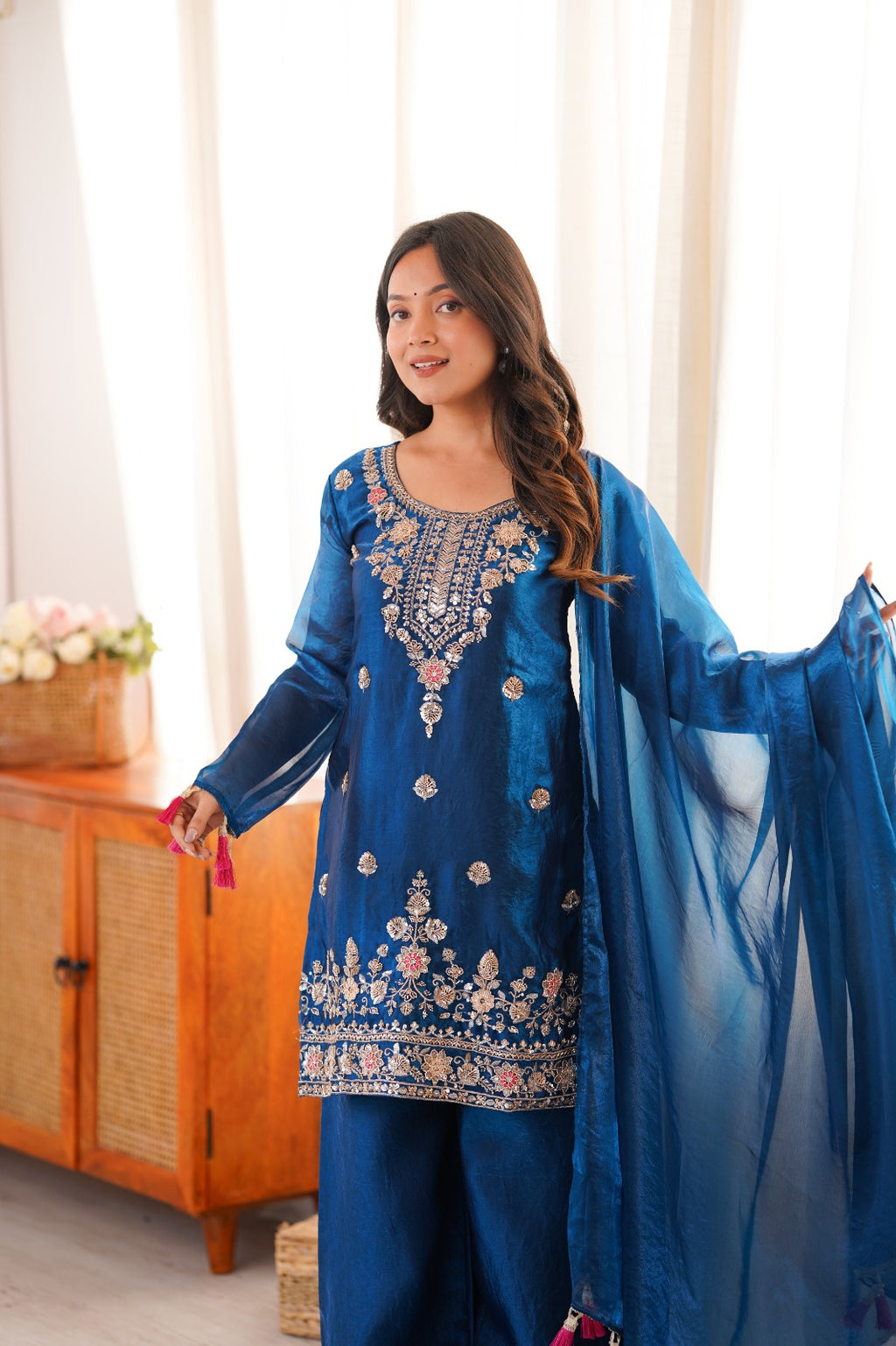 Tea Blue Embroidery Tassel Work Sharara Suit Set