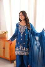 Tea Blue Embroidery Tassel Work Sharara Suit Set