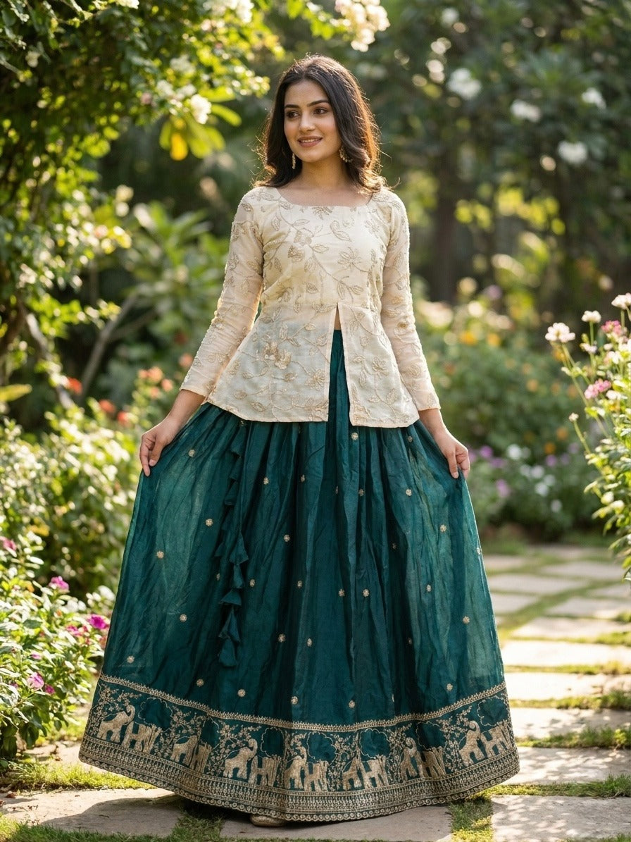 Green Fandy Silk Pipe & Zari Embroidered Work Lehenga Choli