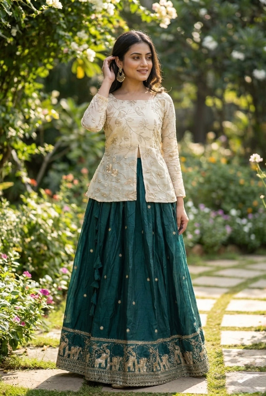 Green Fandy Silk Pipe & Zari Embroidered Work Lehenga Choli