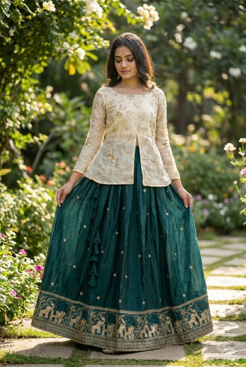 Green Fandy Silk Pipe & Zari Embroidered Work Lehenga Choli