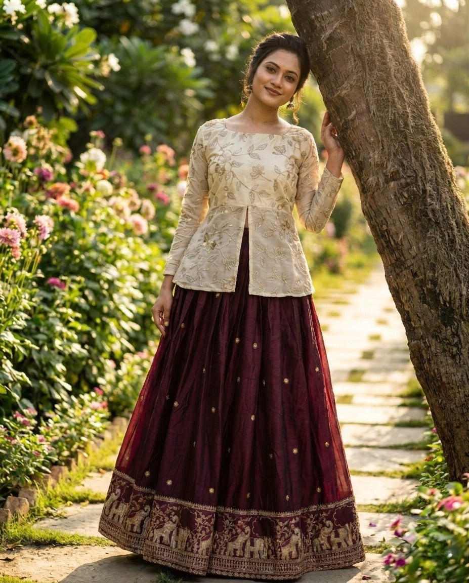 Wine Fandy Silk Pipe & Zari Embroidered Work Lehenga Choli