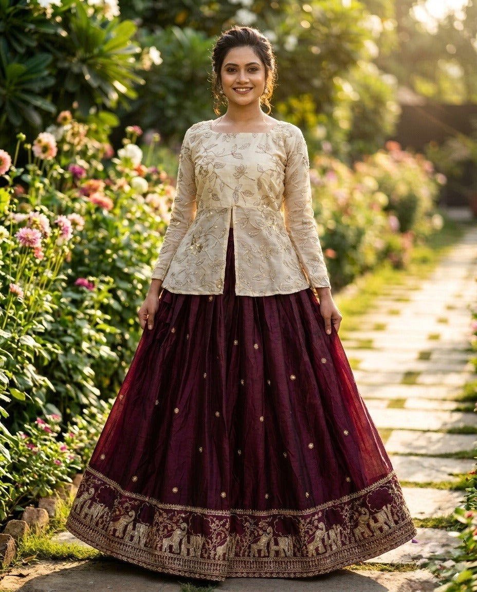 Wine Fandy Silk Pipe & Zari Embroidered Work Lehenga Choli