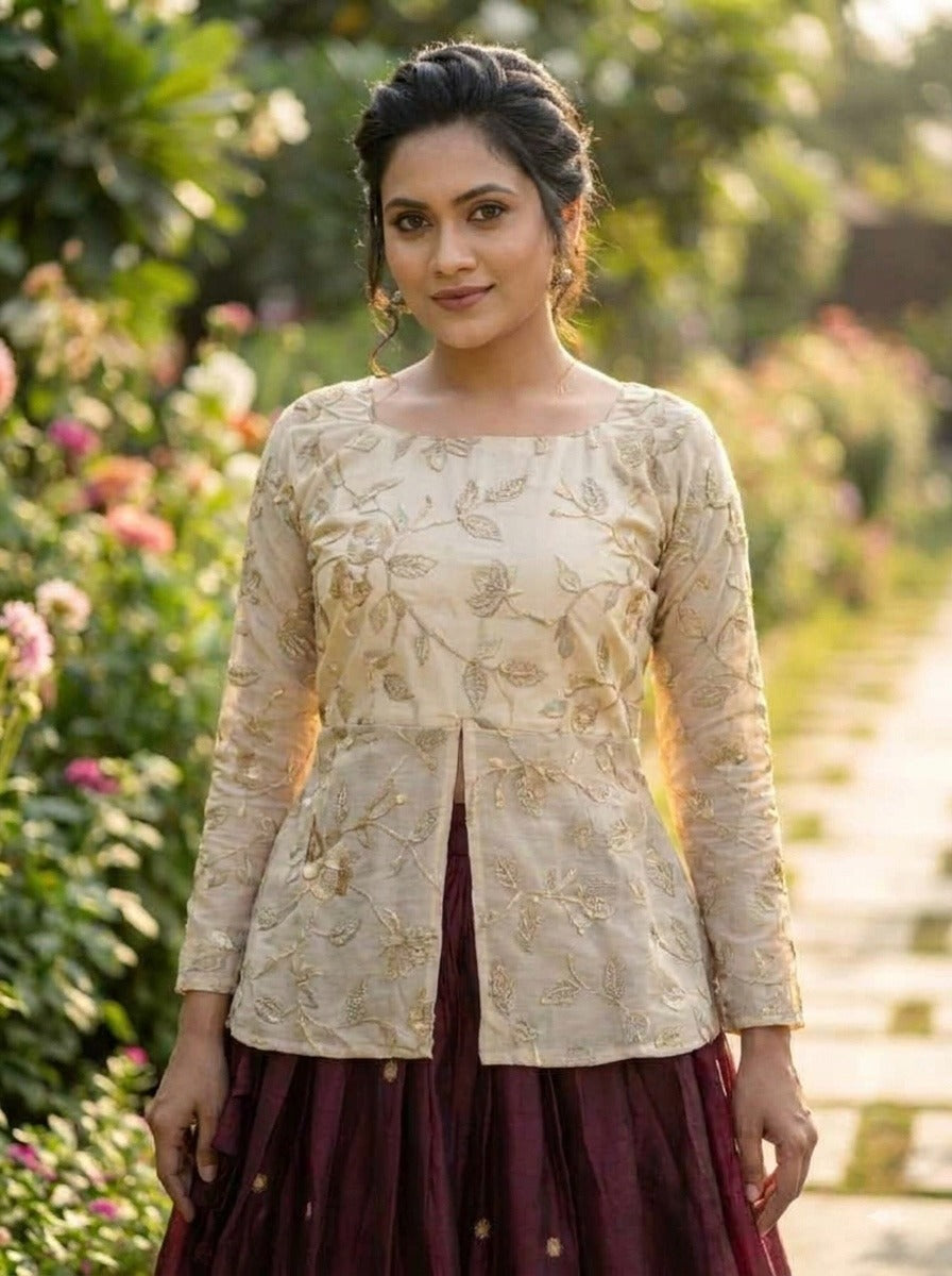 Wine Fandy Silk Pipe & Zari Embroidered Work Lehenga Choli