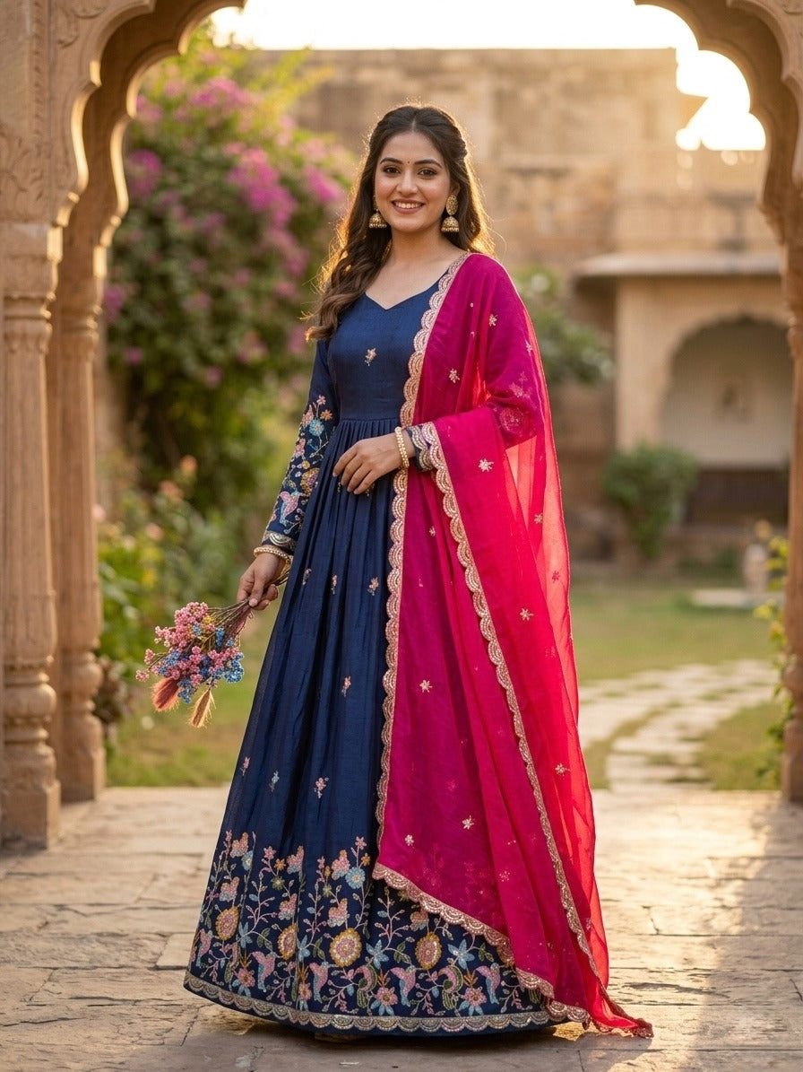 Blue Fendi Silk With Embroidered Work Anarkali