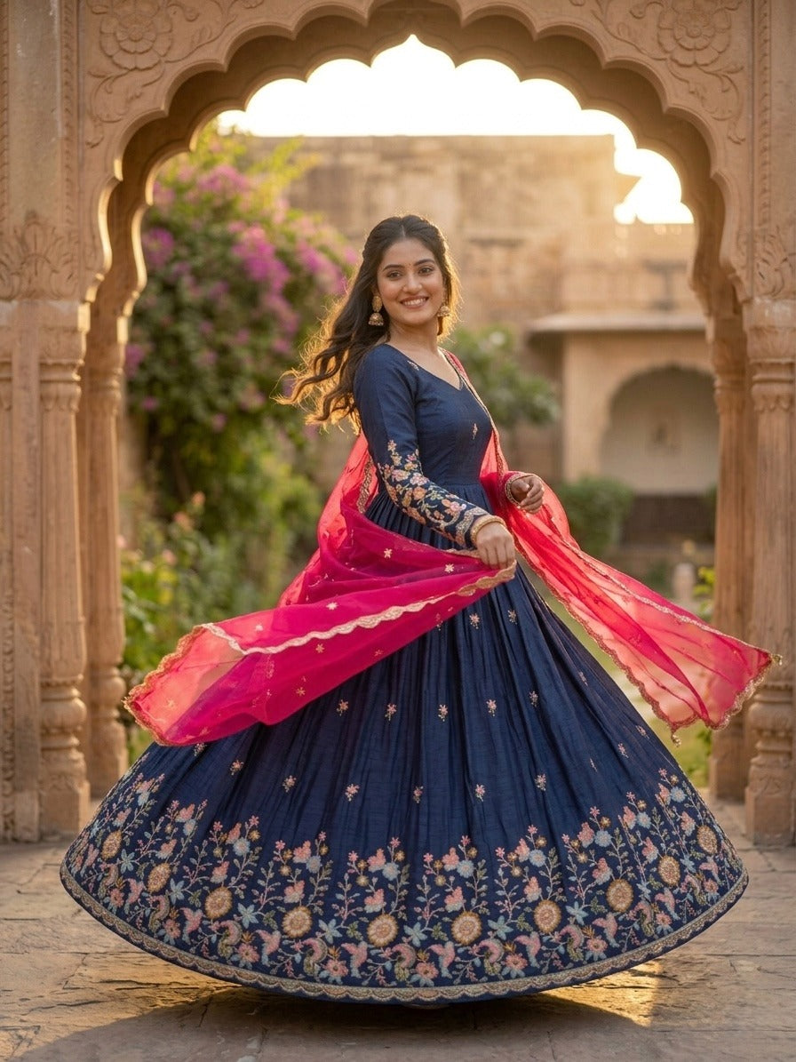 Blue Fendi Silk With Embroidered Work Anarkali