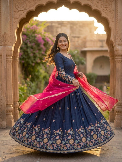 Blue Fendi Silk With Embroidered Work Anarkali