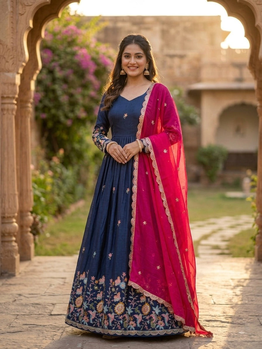 Blue Fendi Silk With Embroidered Work Anarkali