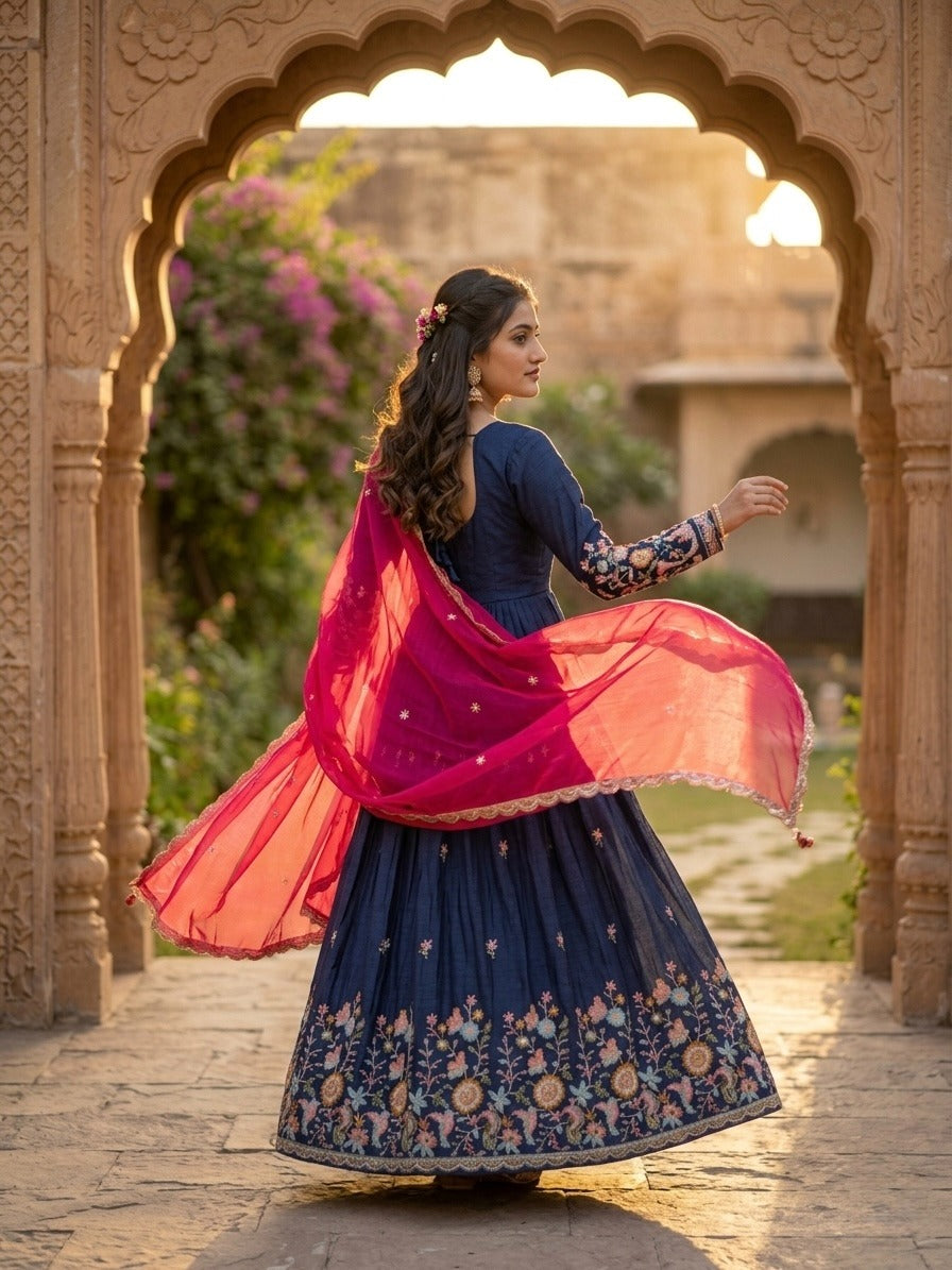 Blue Fendi Silk With Embroidered Work Anarkali