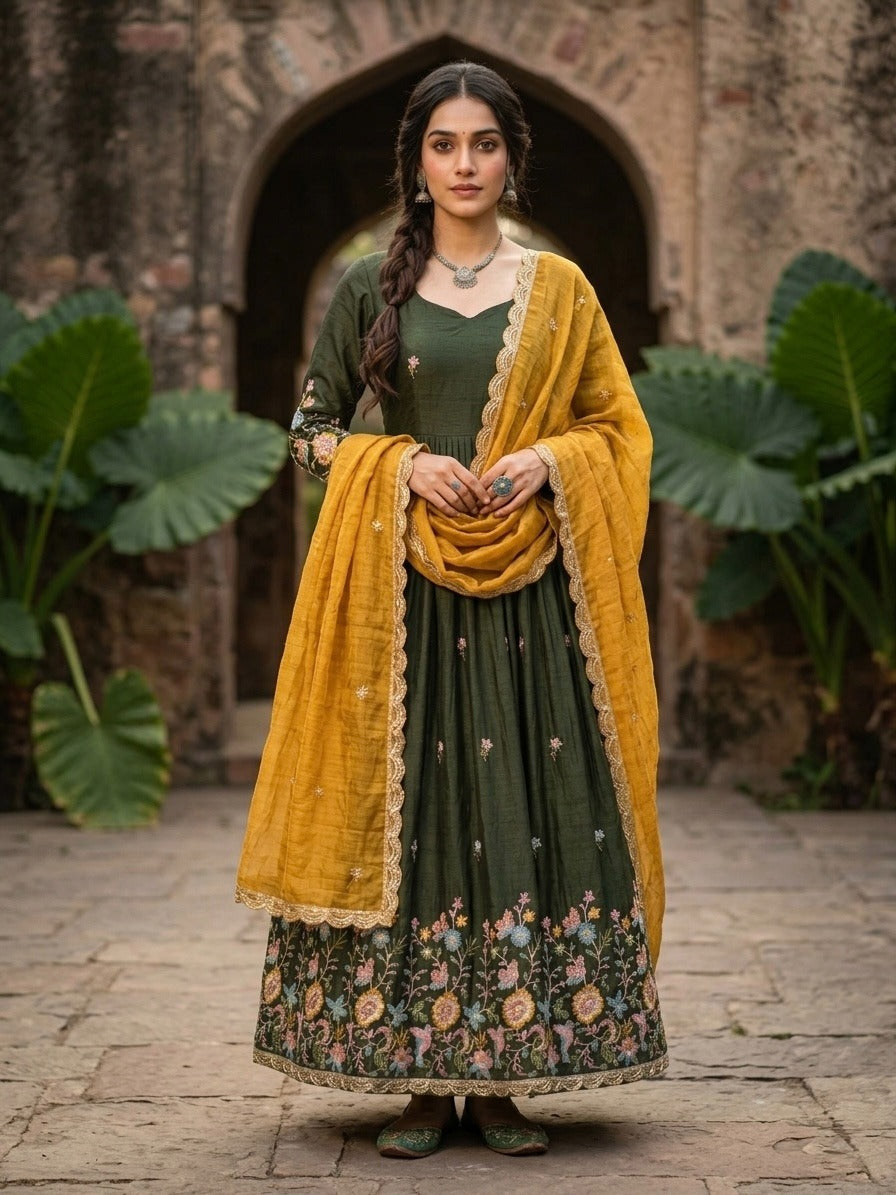 Mehendi Fendi Silk With Embroidered Work Anarkali