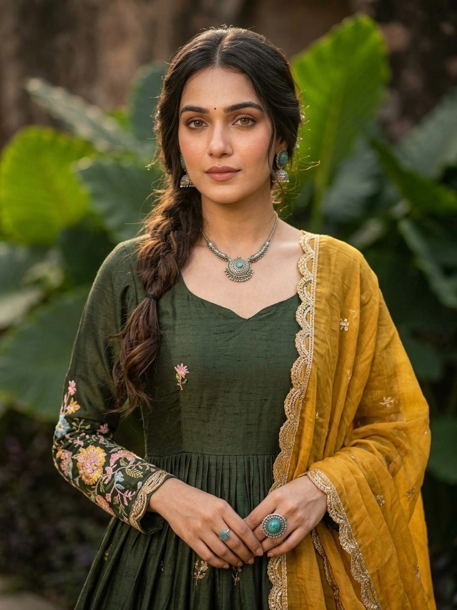 Mehendi Fendi Silk With Embroidered Work Anarkali