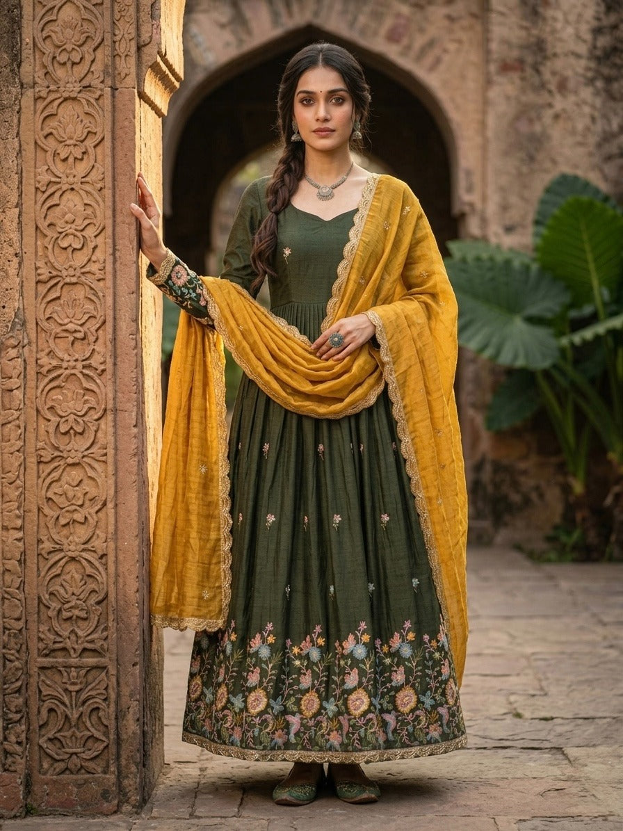 Mehendi Fendi Silk With Embroidered Work Anarkali