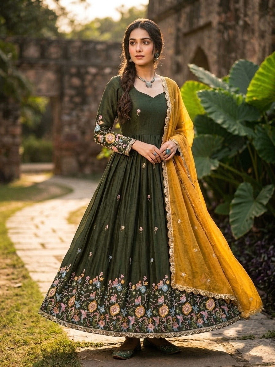 Mehendi Fendi Silk With Embroidered Work Anarkali