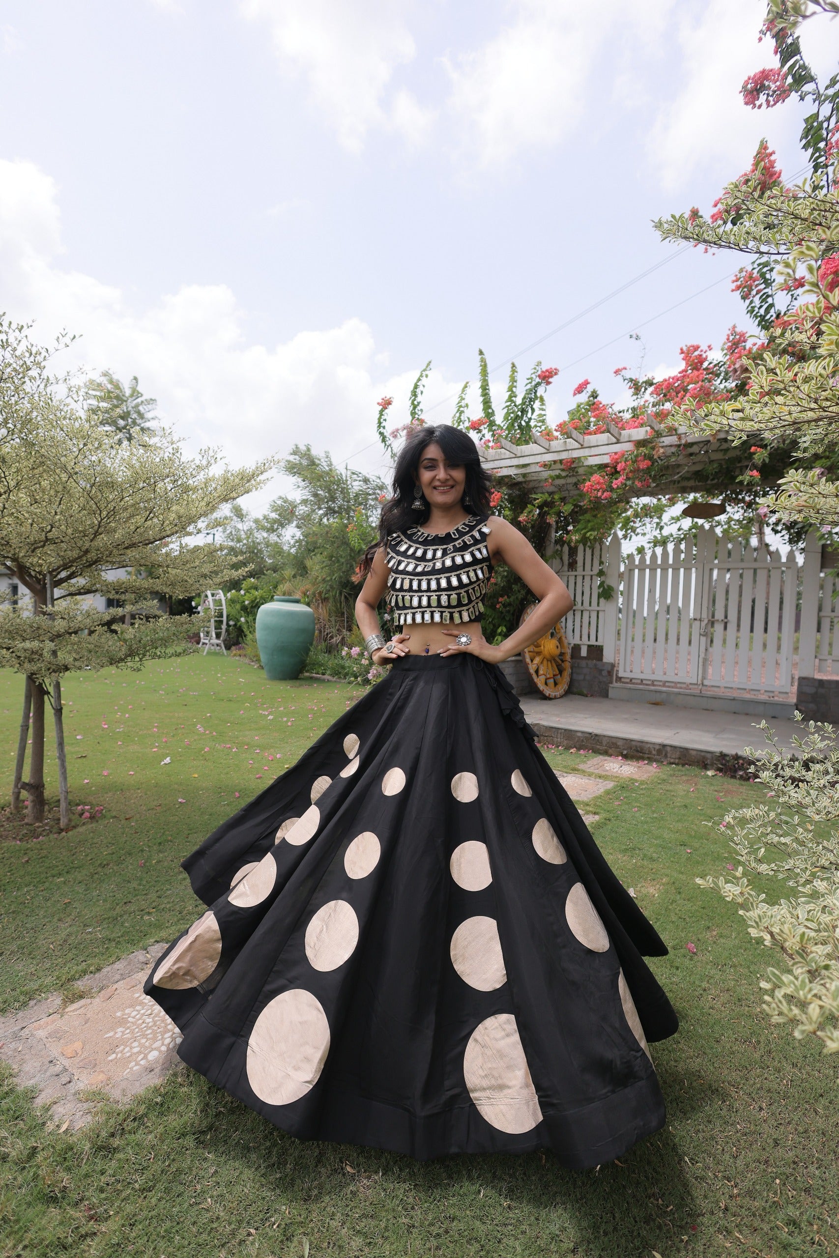 Navratri Roman-silk Mirror Lace Work Lehenga