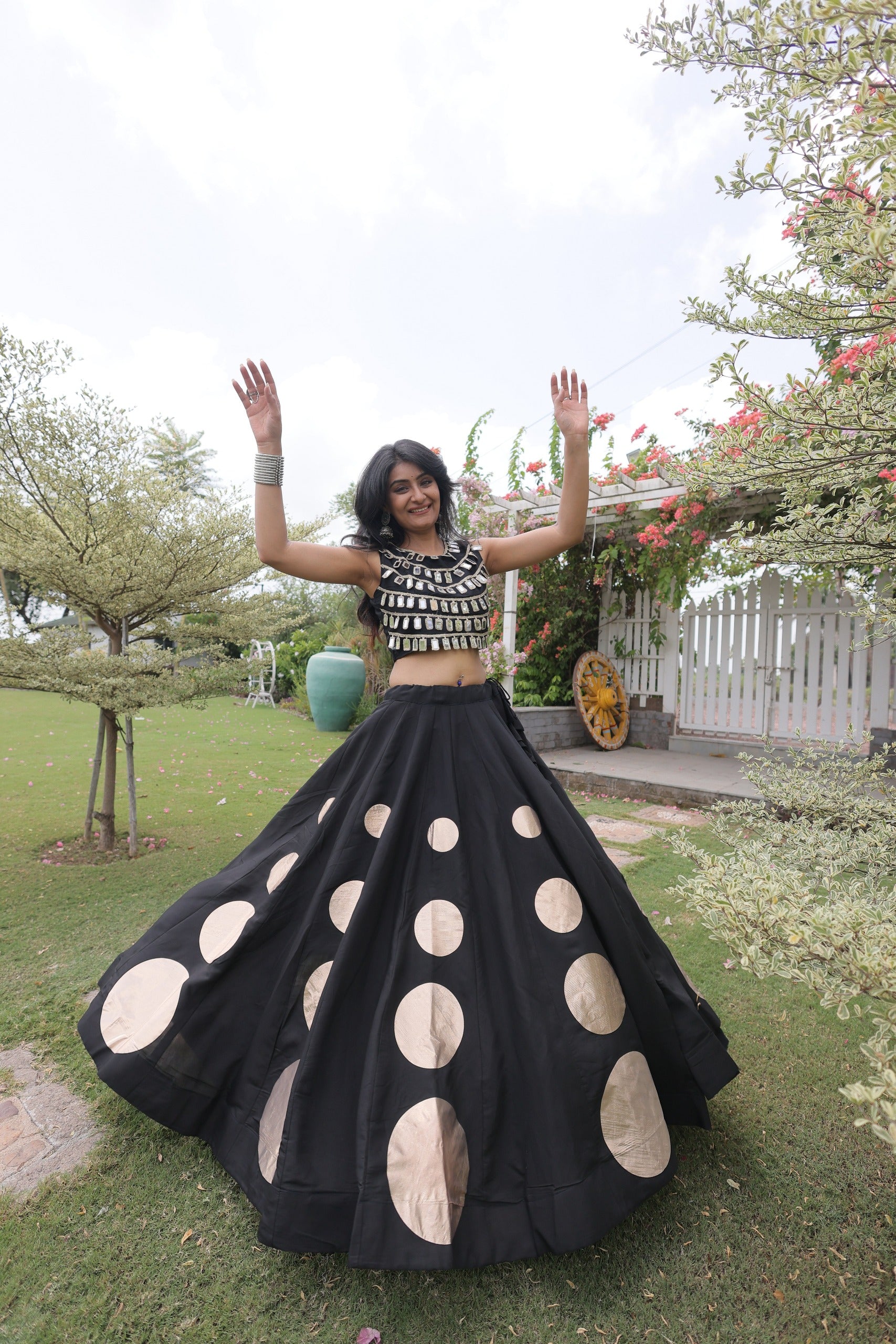 Navratri Roman-silk Mirror Lace Work Lehenga