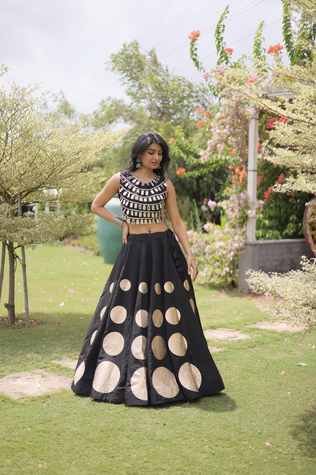 Navratri Roman-silk Mirror Lace Work Lehenga