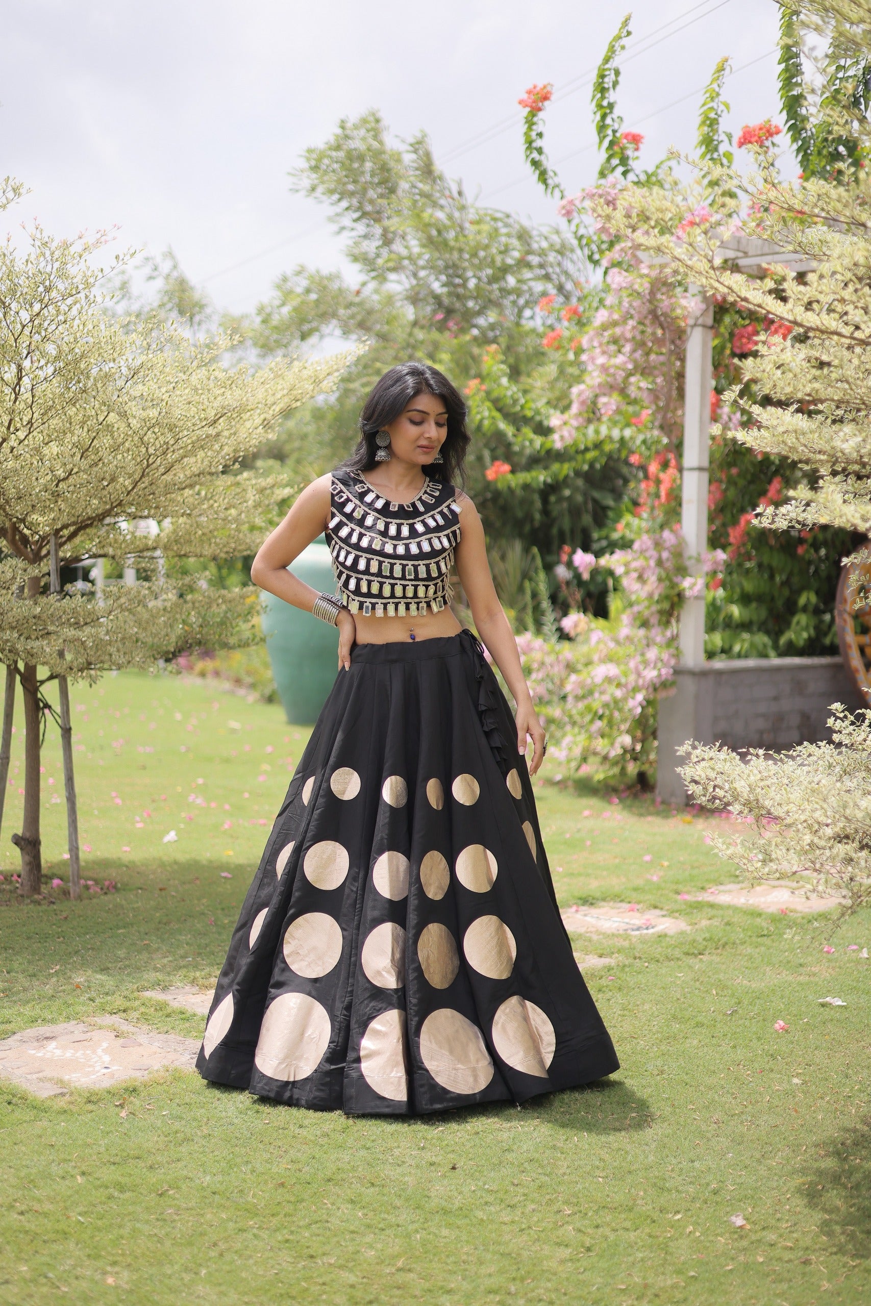Navratri Roman-silk Mirror Lace Work Lehenga