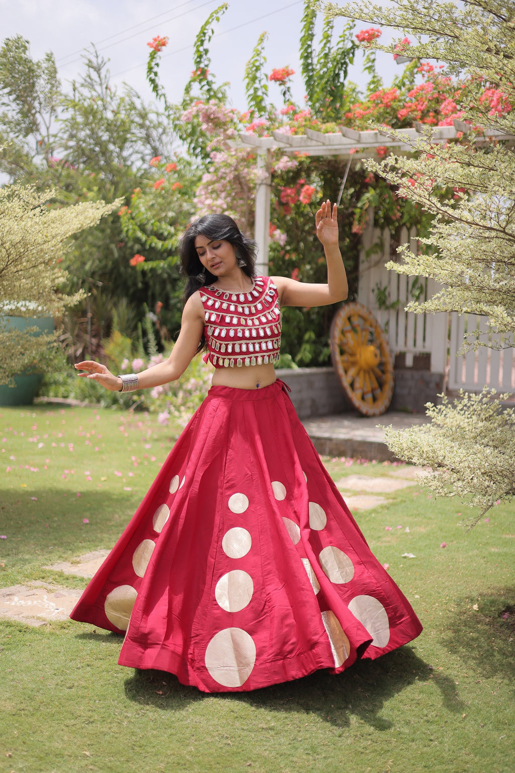 Navratri Roman-silk Mirror Lace Work Lehenga (Red)