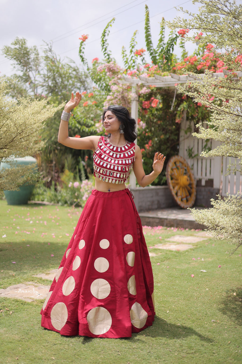 Navratri Roman-silk Mirror Lace Work Lehenga (Red)