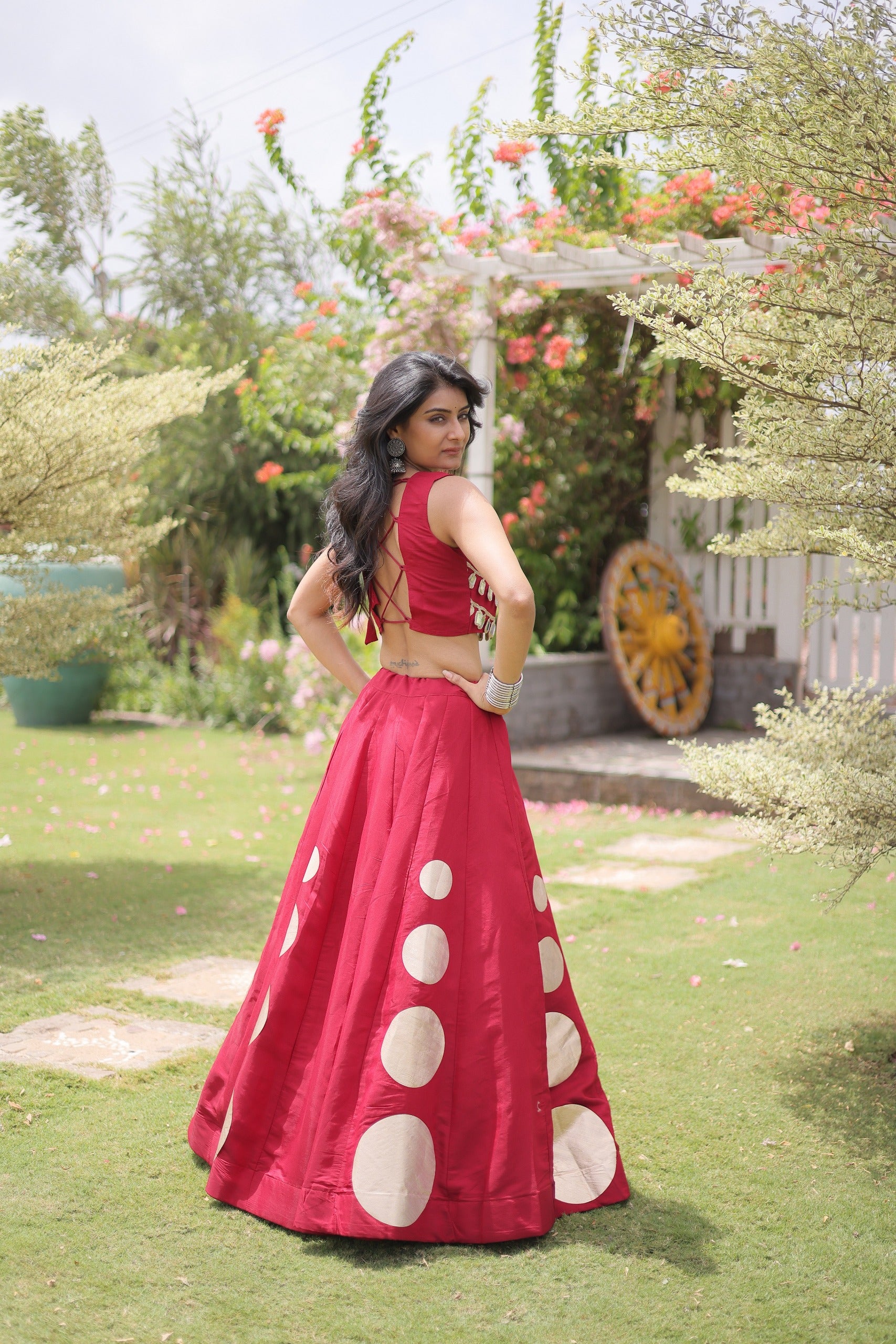 Navratri Roman-silk Mirror Lace Work Lehenga (Pink)