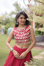 Navratri Roman-silk Mirror Lace Work Lehenga (Red)