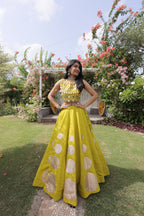 Navratri Roman-silk Mirror Lace Work Lehenga(Yellow)