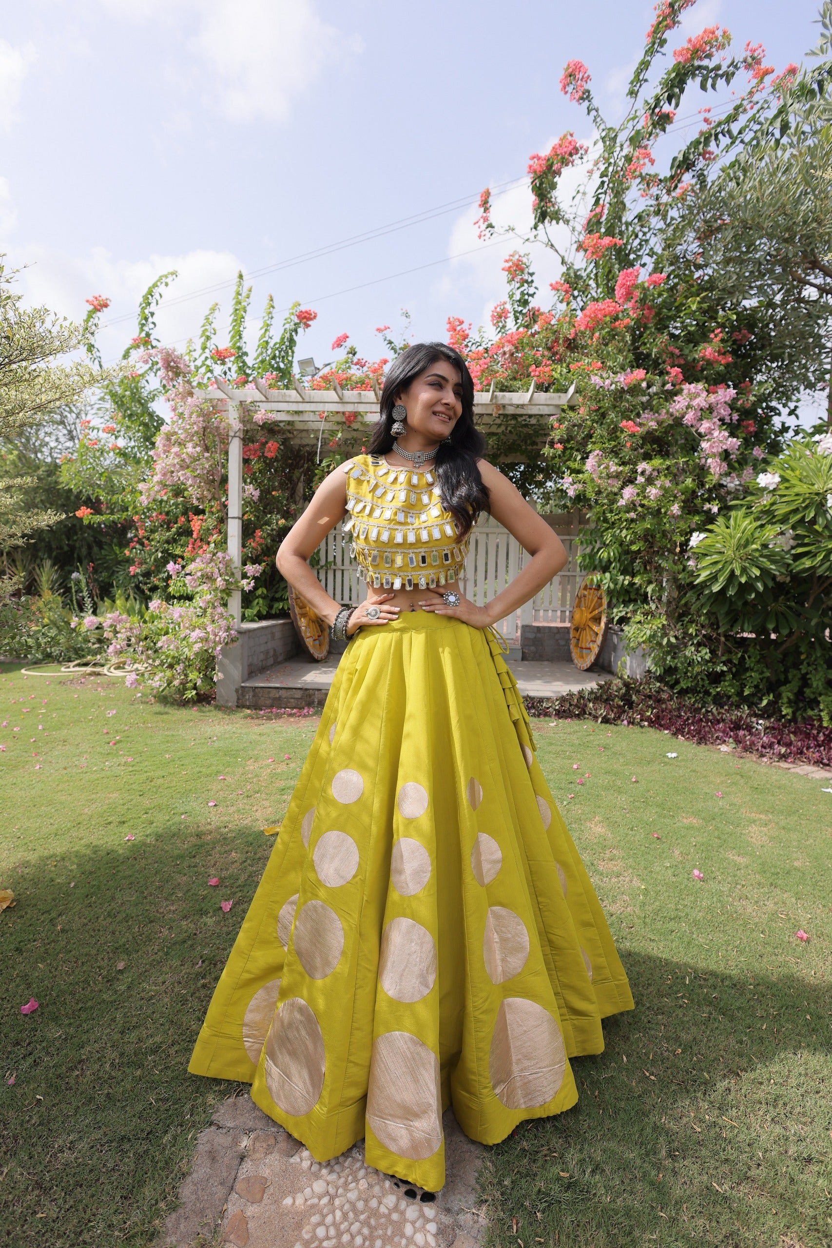 Navratri Roman-silk Mirror Lace Work Lehenga(Yellow)