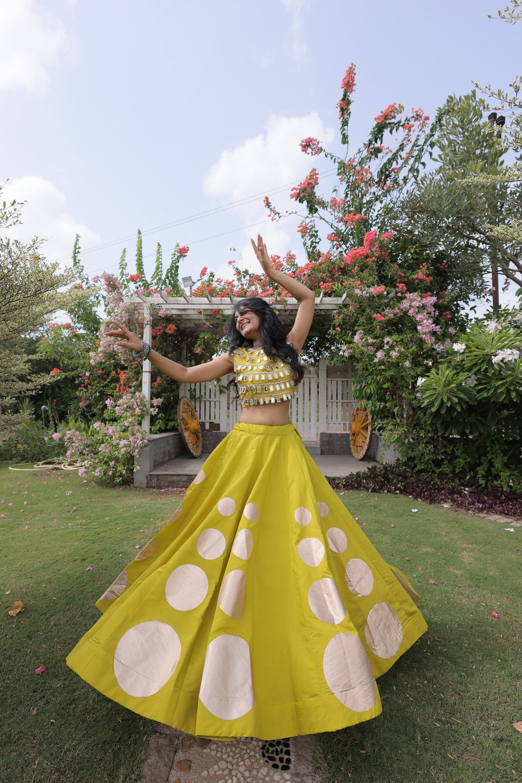 Navratri Roman-silk Mirror Lace Work Lehenga(Yellow)