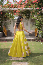 Navratri Roman-silk Mirror Lace Work Lehenga(Yellow)
