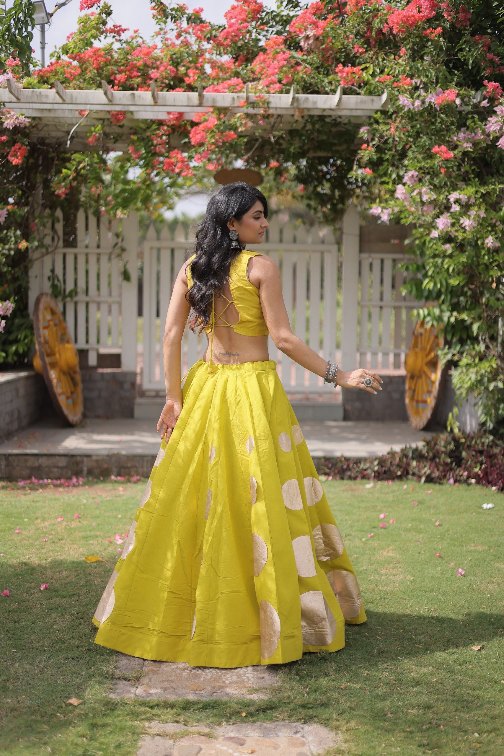 Navratri Roman-silk Mirror Lace Work Lehenga(Yellow)