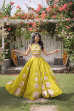 Navratri Roman-silk Mirror Lace Work Lehenga(Yellow)