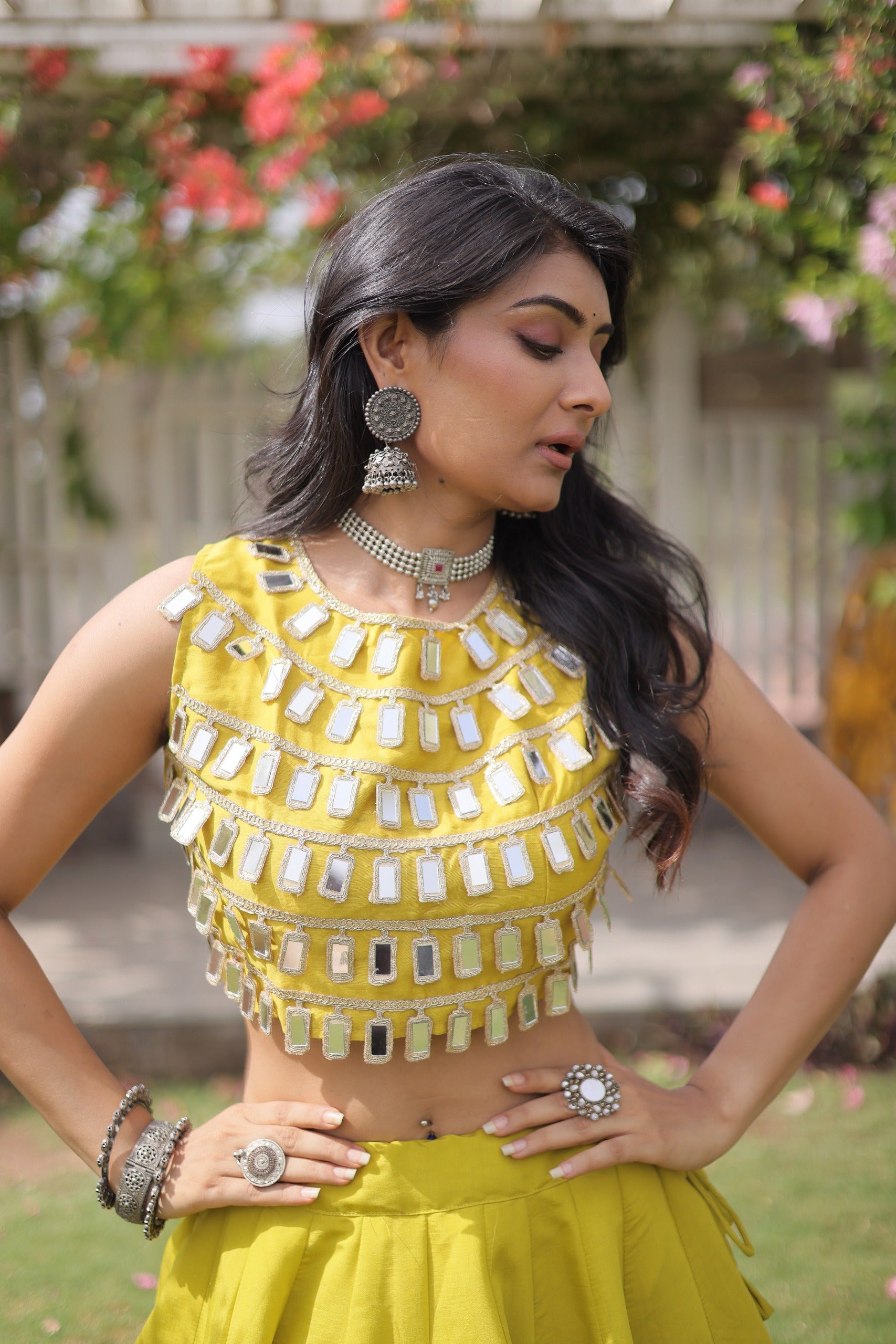 Navratri Roman-silk Mirror Lace Work Lehenga(Yellow)