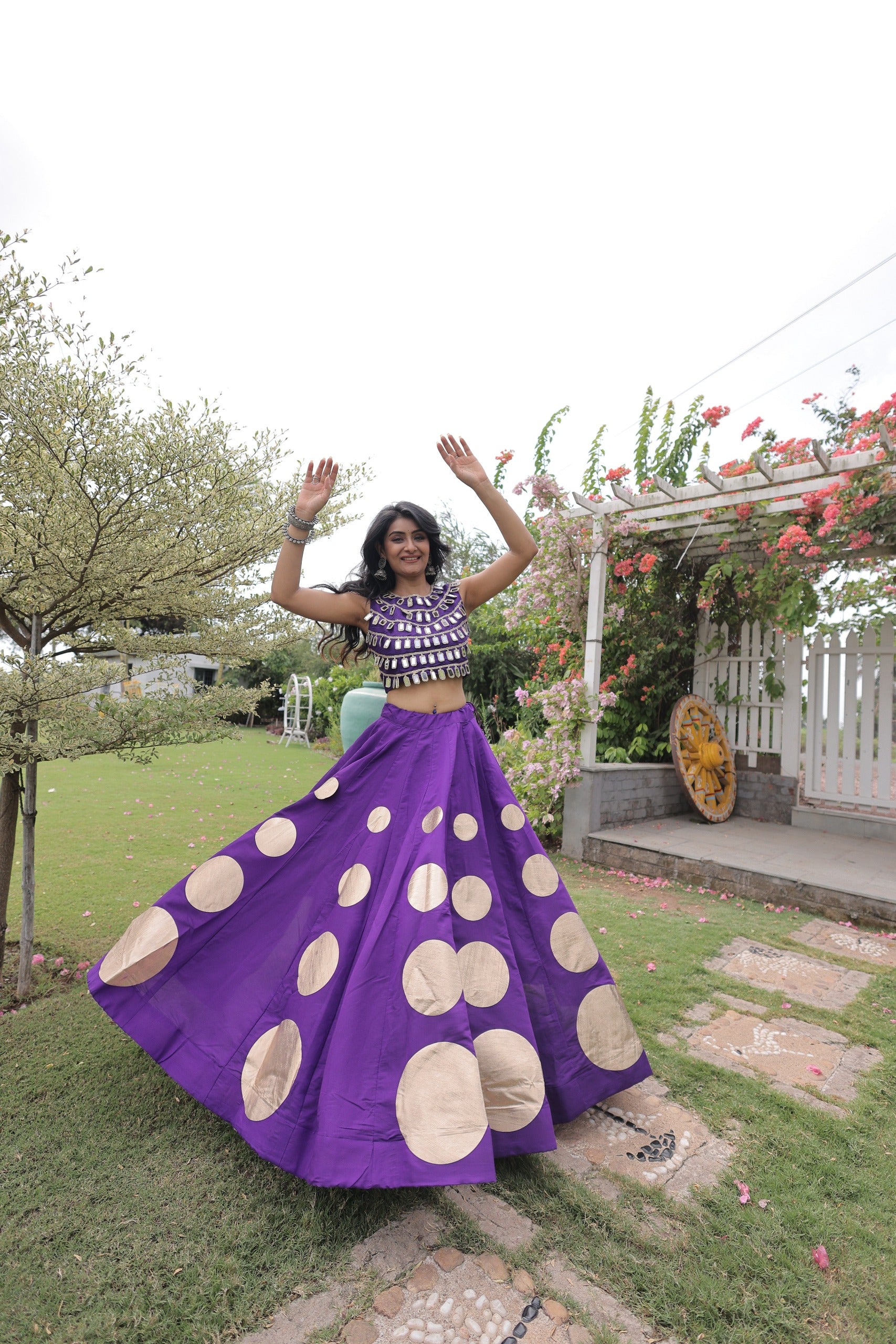 Navratri Roman-silk Mirror Lace Work Lehenga (Purple)