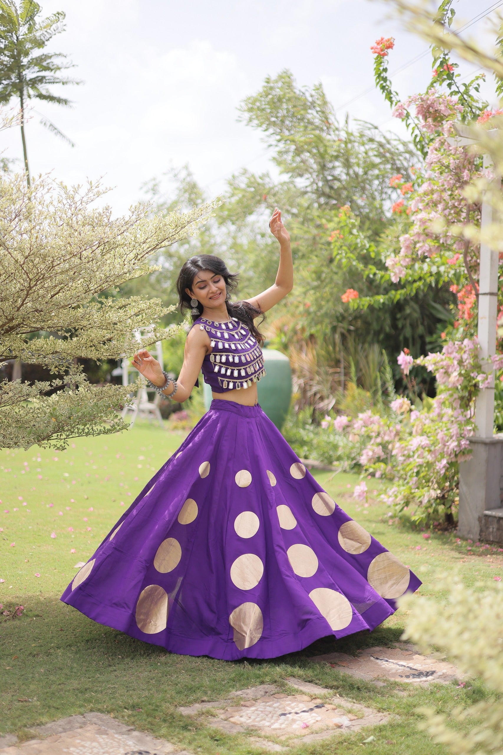 Navratri Roman-silk Mirror Lace Work Lehenga (Purple)