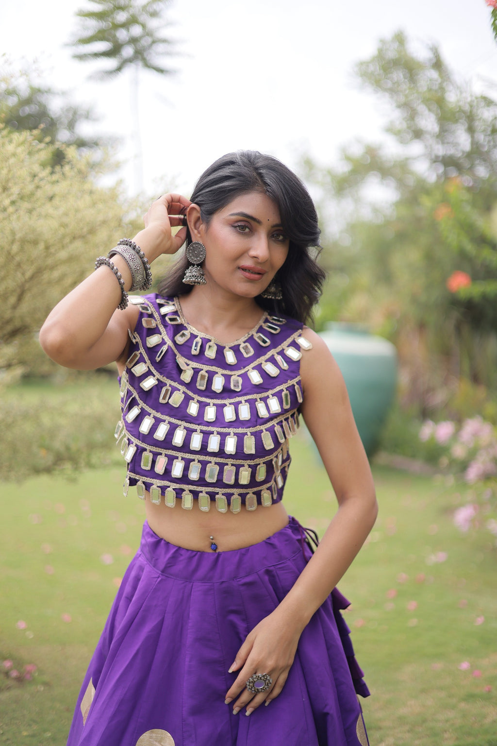 Navratri Roman-silk Mirror Lace Work Lehenga (Purple)