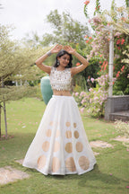Navratri Roman-silk Mirror Lace Work Lehenga (White)